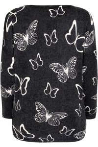 Navy Butterfly Print Fine Knit Jumper With Stud Embellishments & Ribbed Trims
